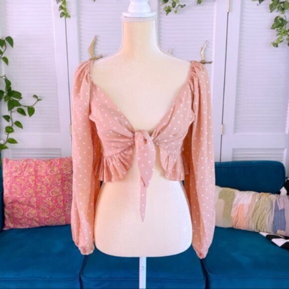 Cloud Ten Steph Long Sleeve Milkmaid Tie Front Crop Top Polka Dot Salmon Medium - Picture 3 of 12